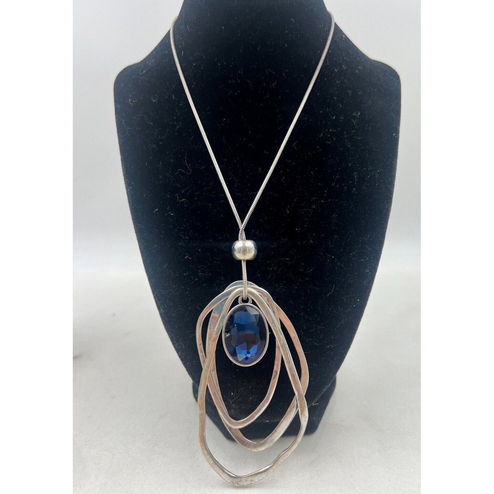 Susan Graver Pendant Necklace Silvertone Blue Stone Multi Layer Loops Abstract